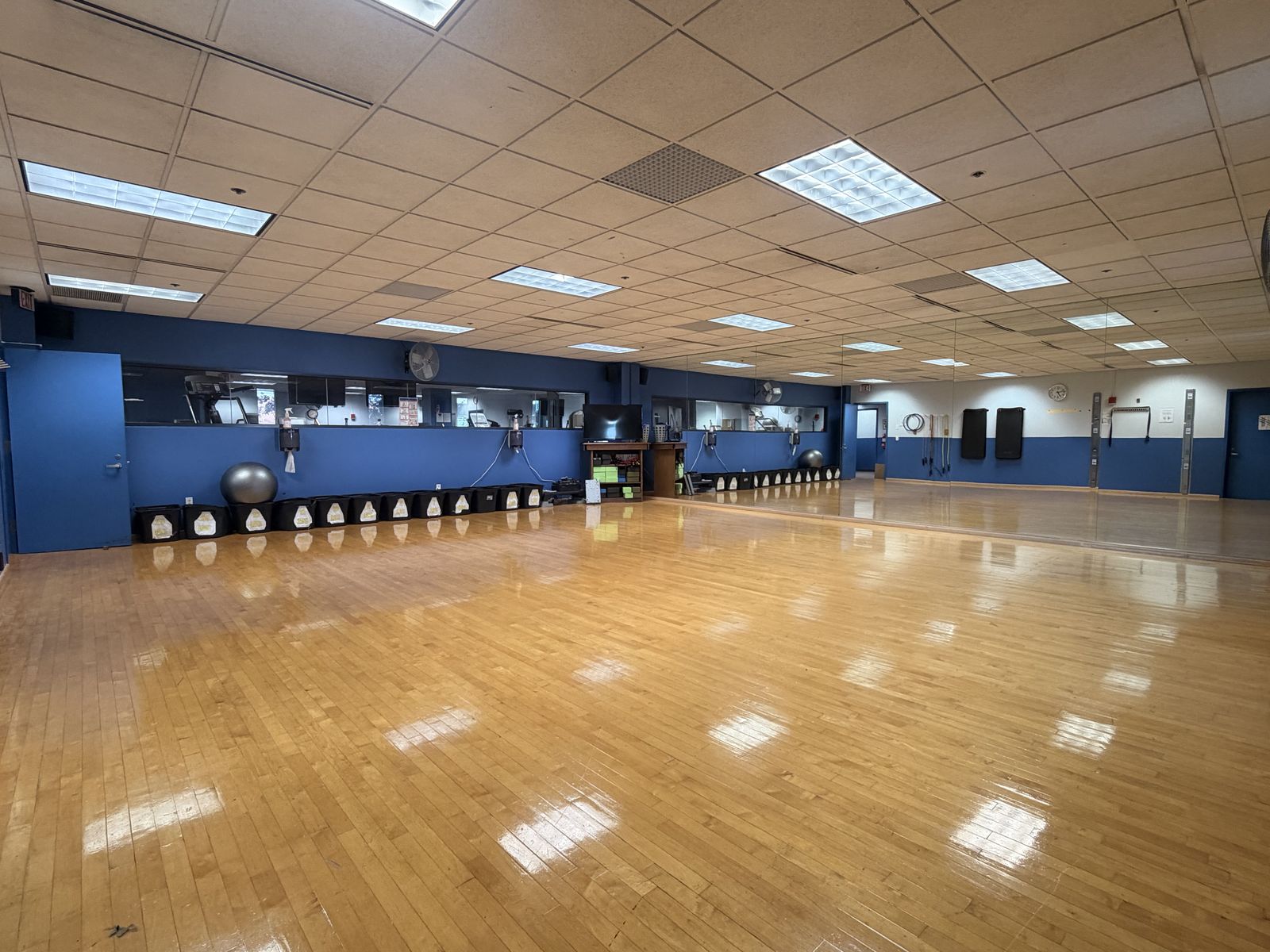 The group-exercise room: a hardwood floor with mirrored walls, stability balls, and mats.